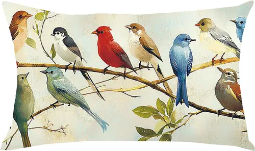 Funda de almohada decorativa rectangular de lino y algodón, diseño de acuarela, pájaros azules, marrones, otoño, otoño, hogar, sofá, silla, cama,