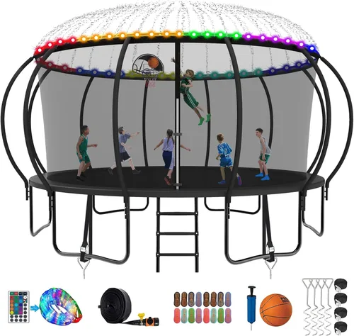 SKYUP 2026 Upgraded 8 10 12 14 15 16 FT 1500lbs Tranpoline for Kids and Adults with Light+Sprinkler+Socks, Recreational Tranpoline with Basketball