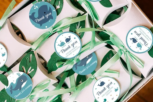 Vista 5 de 80 calcomanías de agradecimiento con diseño de ballena azul y océano, baby shower, fiesta de cumpleaños, decoración de temática oceánica, bolsa
