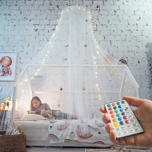 Vista 14 de Toldo de Cama Bollepo con Luces - Toldo Rosa de Princesa para Habitación de Niñas Individual, Doble, Matrimonial, Queen Cama Infantil, Toldo