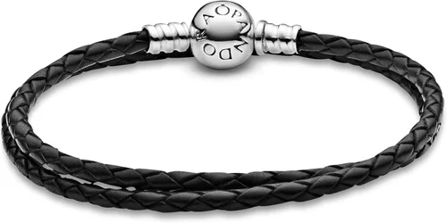Vista 2 de PANDORA Pulsera de plata de ley con colgante de cuero negro