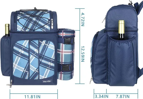 Vista 6 de Hap Tim Mochila de pícnic para 2 personas con compartimento aislado a prueba de fugas, soporte para vino, manta de forro de vellón y juego de Azul