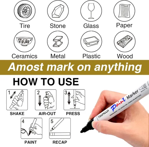 Vista 5 de TOOMGGA Rotuladores permanentes de pintura negra, paquete de 2 rotuladores a base de aceite, punta media, secado rápido e impermeables para pintura