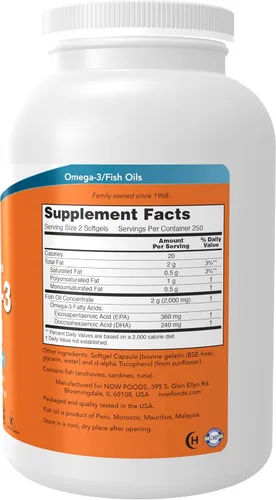 Vista 2 de NOW Foods Suplementos, Omega-3 180 EPA / 120 DHA, Destilado Molecularmente, Apoyo Cardiovascular*, 500 Softgels