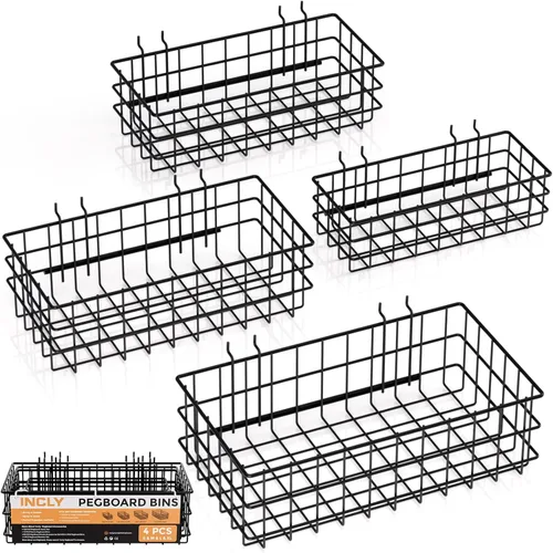 INCLY Juego de 4 cestas de tablero de clavijas, 4 tamaños, cesta de alambre de metal negro de estilo cuadrado para cualquier herramienta de