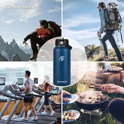 Vista 3 de Futtumy Botella de agua de acero inoxidable con popote botella de agua de 32 onzas con tapa de boquilla y tapa con pajita botella de agua aislada al