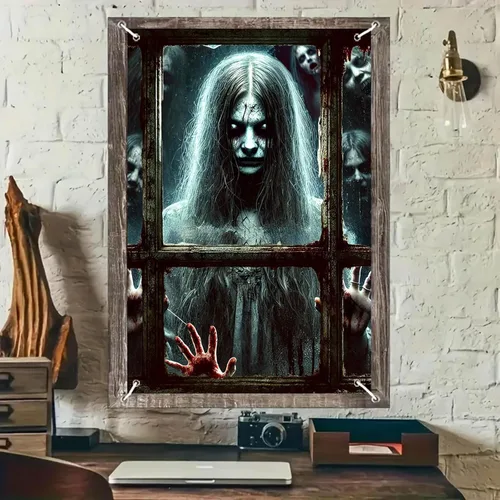 BlissYard Decoración de Halloween para ventana, diseño de fantasma espeluznante, pancartas de terror, telón de fondo para interiores y exteriores,