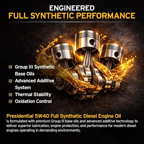 Vista 3 de Presidential Aceite sintético completo 5W40 – Aceite de motor diésel de alta calidad – Formulado para extender los intervalos de drenaje