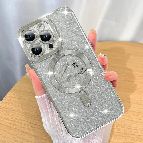 Vista 78 de ZIYE Funda magnética diseñada para iPhone 11 con purpurina, diseño de corazón de amor de lujo, compatible con MagSafe, funda transparente