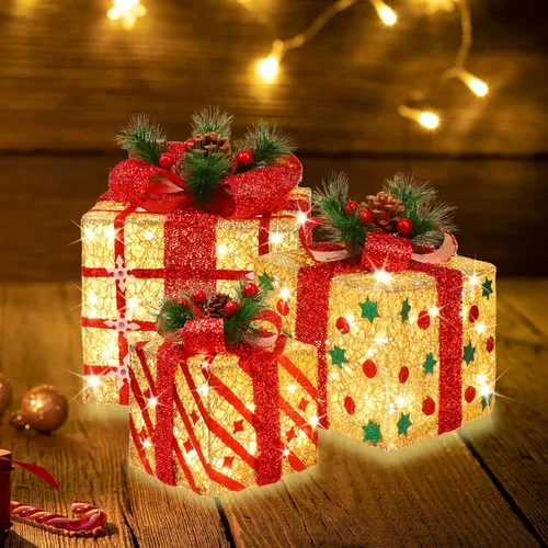 Vista 11 de [Juego grande de 3 cajas decorativas de regalo iluminadas de Navidad de 10"x8.5"x6.5", con 70 LED súper brillantes pre-iluminados con intermitentes