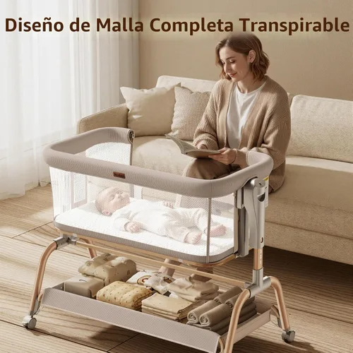 Vista 5 de NeoBorn Moisés 3 en 1 para bebé, moisés mecedora con malla completa transpirable, colchón y sábana suave, altura ajustable, cuna estable y segura