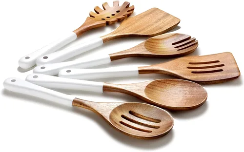 Vista 11 de Cucharas de madera para cocinar, 6 PCS utensilios de cocina de madera de acacia natural, juego de utensilios de cocina de madera antiadherente