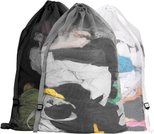 Vista 11 de Bolsas de lavandería de malla resistente de 24 x 36 pulgadas con cierre de cordón, paquete de 3, color negro