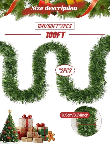 Vista 3 de Guirnalda de Navidad artificial de 100 pies, verde suave vid verde para decoración del hogar, decoración del hogar, decoración festiva