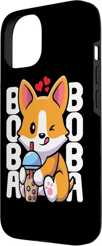 Vista 2 de Funda Kawaii con diseño de corazón de té de burbujas para iPhone 15 Kawaii Boba Dog Corgi Tea Drink