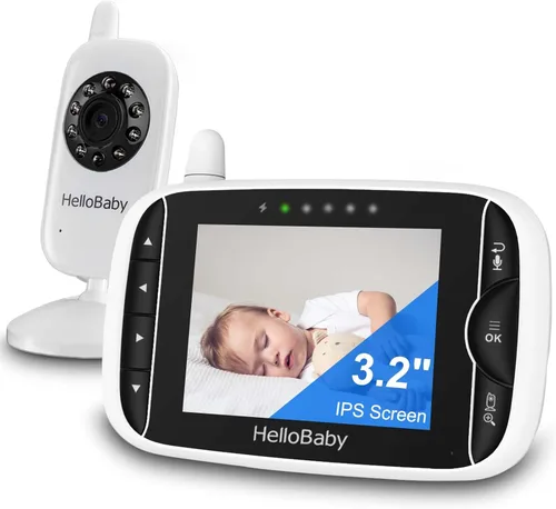 HelloBaby Monitor de video para bebés con cámara y audio, pantalla LCD de 3.2 pulgadas, visión nocturna infrarroja, audio bidireccional y monitoreo