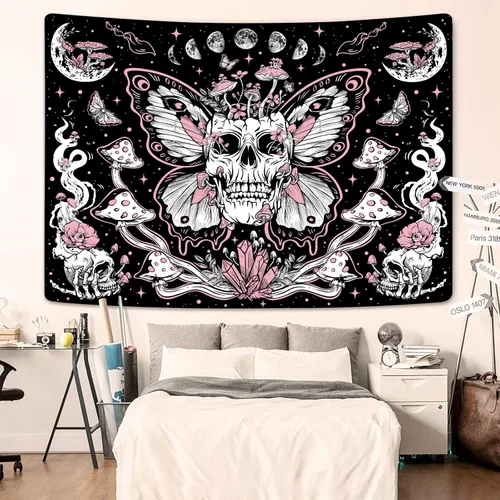 Vista 3 de kampdream Tapiz floral de calavera, esqueleto, hongo, gótico, jardín, tapiz estético para dormitorio (36.00 x 48.00 pulgadas, negro rosa)