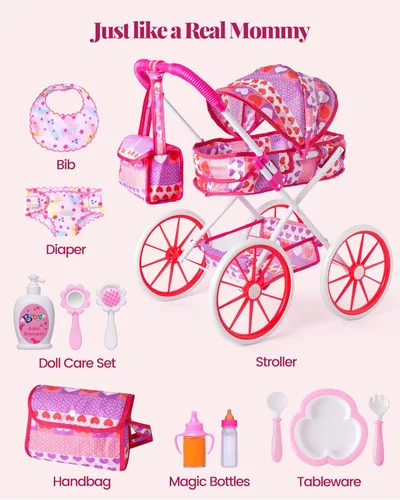 Vista 3 de BABESIDE Juego de 10 cochecitos de muñeca con accesorios para muñecas de alimentación, juguetes de cochecito de muñeca para muñecas de 12 pulgadas