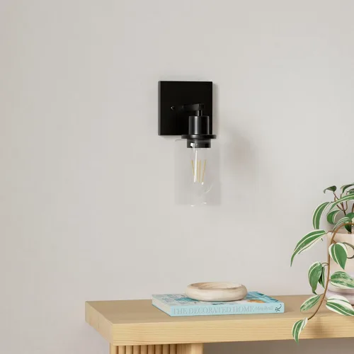 Vista 2 de Juego de 2 apliques de pared, juego de luces de baño negro mate, juego de luces de pared de granja, luces de tocador con pantalla de vidrio