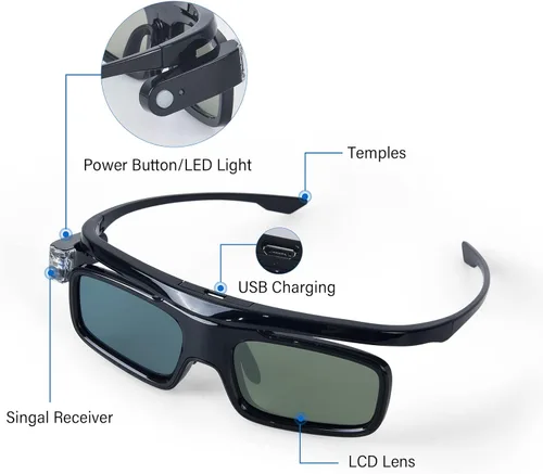 Vista 5 de Gafas 3D, gafas recargables con obturador activo para proyectores DLP-Link 3D Cocar Toumei, paquete de 2