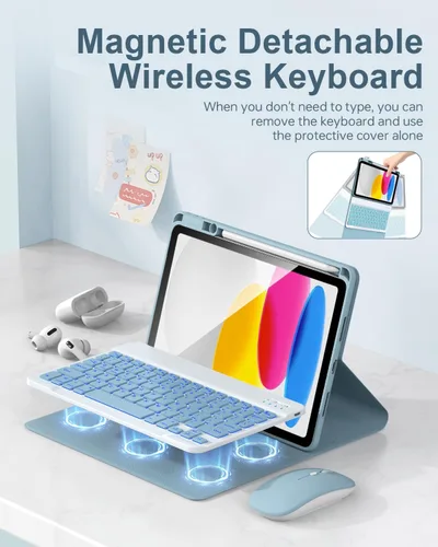 Vista 4 de Funda de teclado para iPad de 11ª / 10ª generación, 7 colores retroiluminados, inalámbrico, desmontable, para iPad de 11 pulgadas, A16 2025/10ª