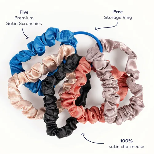 Vista 4 de RobeCurls Coleteros de satén, lindos lazos para el cabello para mujeres y niñas, accesorios para el cabello rizado, paquete de 5 (multicolor)