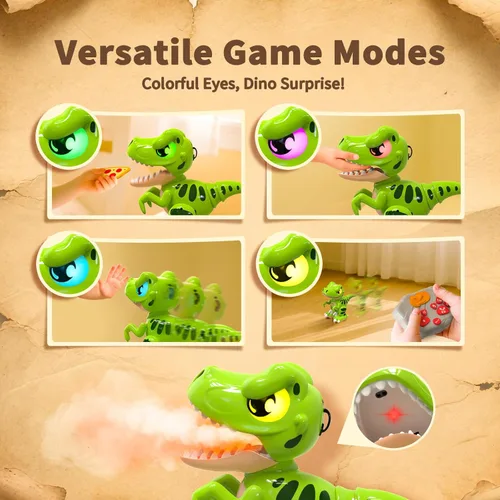 Vista 8 de P&C Juguetes de dinosaurio con control remoto para niños Robot recargable Velociraptor con pulverización, efectos de sonido, baile, Dino RC