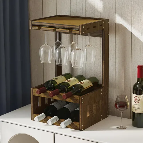Estante de vino para encimera con copas de vino, capacidad para 6 botellas Marrón
