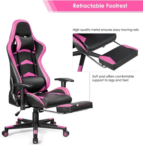 Vista 8 de GOFLAME Silla de juegos de estilo de carreras, silla ergonómica giratoria para computadora con reposacabezas y soporte lumbar, silla de masaje
