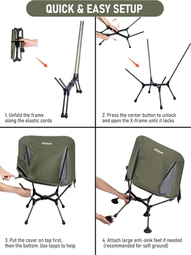 Vista 6 de WildCall Silla de camping plegable ligera con marco de configuración rápida, silla de playa compacta para mochileros con pies antideslizantes