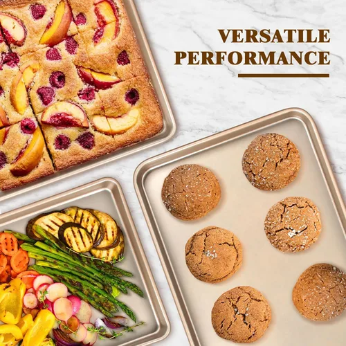 Vista 5 de Juego de 2 bandejas para hornear, bandejas de galletas comerciales para hornear, bandeja antiadherente de acero al carbono para hornear de un cuarto