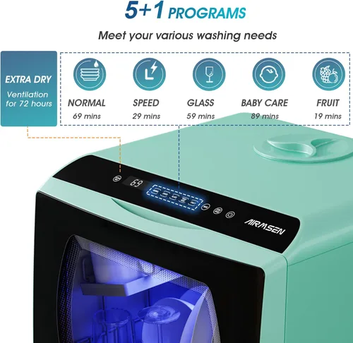 Vista 3 de AIRMSEN Lavavajillas portátiles para encimera, 5 programas de lavado, mini lavavajillas con tanque de agua integrado de 5 L y puerta de vidrio