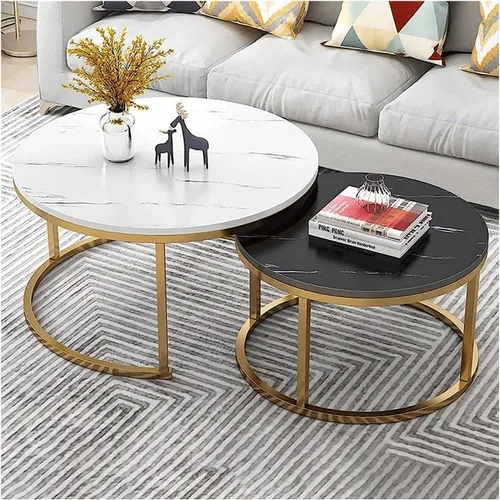 Vista 6 de Mesa Round Coffee Table Set of 2 w/Faux Marble Top Modern Side End Table d Metal e Corner Nesting Cocktail Table for Living Room Office Accent Black