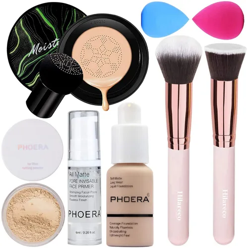 PHOERA Foundation, cojín de aire de cabeza de hongo, base natural CC crema, base PHOERA, polvo PHOERA, brochas de maquillaje Kabuki, brocha para