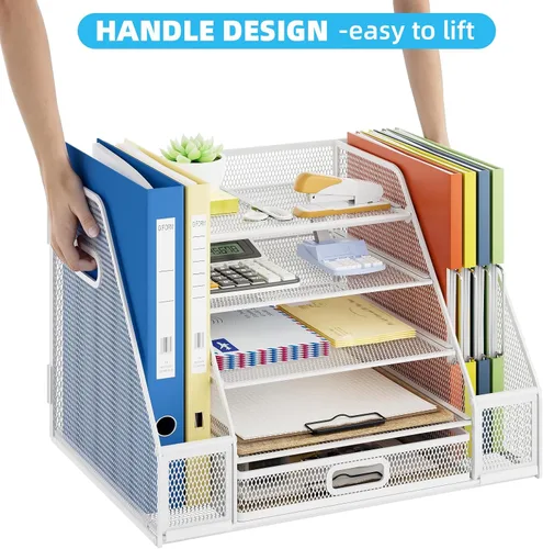 Vista 2 de Marbrasse Desk Organizers with File Holder, 5-Tier Paper Letter Tray Organizer with Handle, Mesh Desk Organizers and Accessories with Drawer and 2