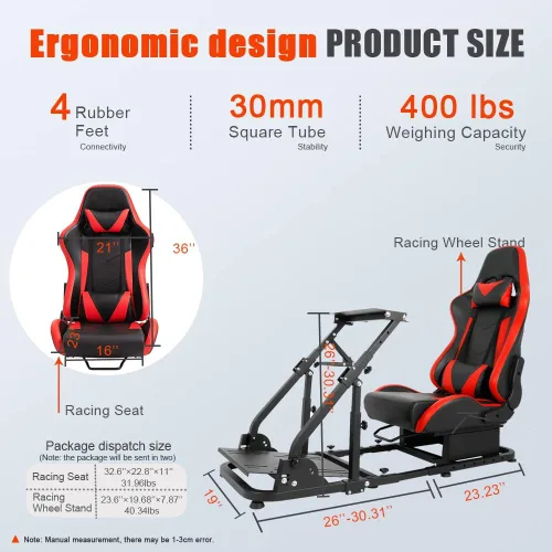 Vista 4 de Marada Racing Simulator Cockpit,Tilt-Adjustable Steering Wheel Stand with Red Seat fit Logitech G25 G27 G29 G920 Thrustmaster T300RS T150 PS4 Xbox