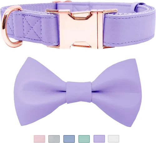 Vista 14 de Collar de cuero suave para perro, ajustable, lindo collar de pajarita [fácil de limpiar] con elegante hebilla de metal resistente de oro rosa