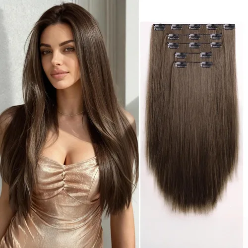 Vista 18 de Extensiones de cabello sintético con clip, color burdeos de 18 pulgadas de largo, invisibles, gruesas, extensiones de cabello lacio con clips, 5