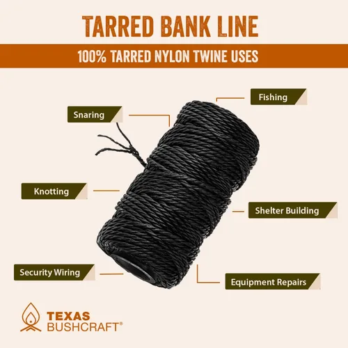 Vista 6 de Texas Bushcraft Tarred Bank Line Twine - #36 Cuerda de nailon negro para pesca, camping y supervivencia al aire libre – Cordón resistente