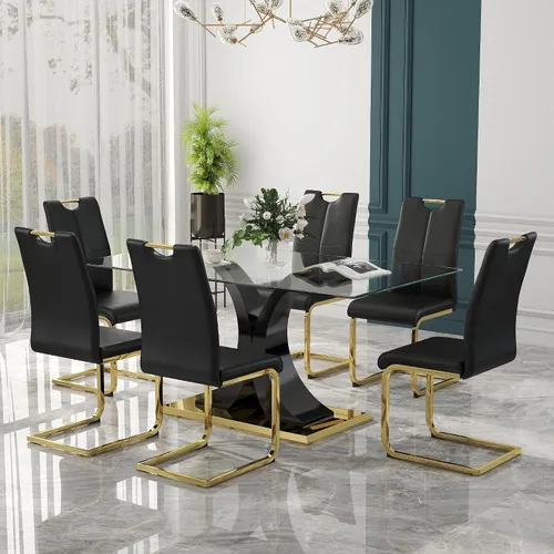 Vista 23 de Juego de comedor moderno de vidrio de lujo de 5 piezas, juego de cena rectangular minimalista grande para 4, juego de mesa de cocina de vidrio