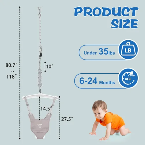 Vista 6 de G TALECO GEAR Saltador de bebé con gancho de techo para bebés y niños pequeños con cadena ajustable, balancines para interior/exterior, saltadores