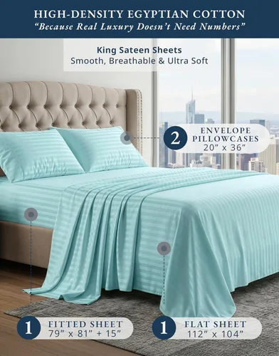 Vista 448 de LANE LINEN - Sábanas individual 100% algodón egipcio suave, cómodo y grueso de calidad de hotel, costuras reforzadas totalmente elásticas, sin