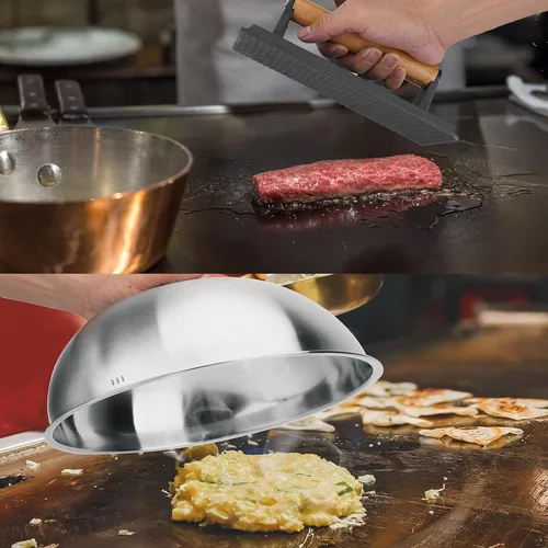 Vista 4 de Skyflame Cúpula de fusión de queso de 12 pulgadas y prensa de hamburguesas de 8 pulgadas, juego de 2 accesorios de plancha para parrilla/barbacoa
