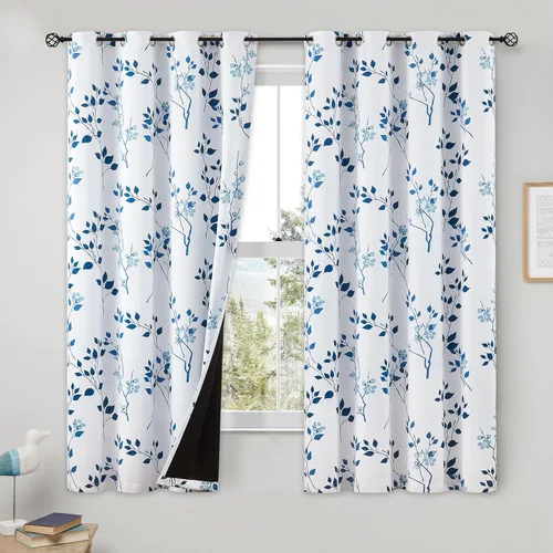 Vista 22 de Beauoop Cortinas Florales 100% Opacas de 54 Pulgadas de Largo, 2 Paneles para Dormitorio, Sala de Estar, Azul Gris y Blanco con Patrón de Flores