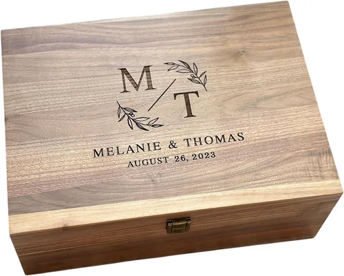 Caja de recuerdo de boda personalizada de nogal con grabado, caja de memoria de madera para parejas, regalo de cumpleaños, regalo de compromiso,