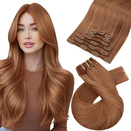 Vista 56 de Moresoo Extensiones de cabello humano con clip, balayage, color marrón oscuro a marrón dorado con clip, extensiones de cabello humano con clip, 5