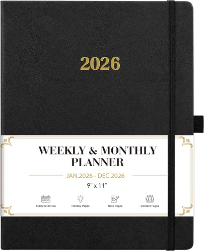 Planificador 2025-2026 - Planificador académico 2025-2026, semanal mensual de cuero, julio 2025 - junio 2026, 9" x 11", bolsillo interior +
