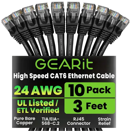 Vista 51 de GEARit Paquete de 50 cables Ethernet Cat6 de 0.5 pies Cable de conexión de red RJ45, conectores chapados en oro sin enganches de 10 Gbps, cable