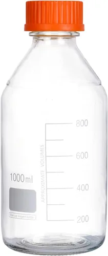 Vista 11 de Moonetto 20 botellas de vidrio redondas de almacenamiento de medios de laboratorio graduado de 3.4 fl oz con tapa naranja de polipropileno GL45