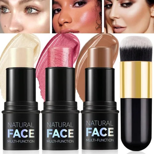 Kit de contorno en crema de 3 piezas, rubor crema, iluminador, bronceador de contorno para mejillas, impermeable, de larga duración, mezclable, trío